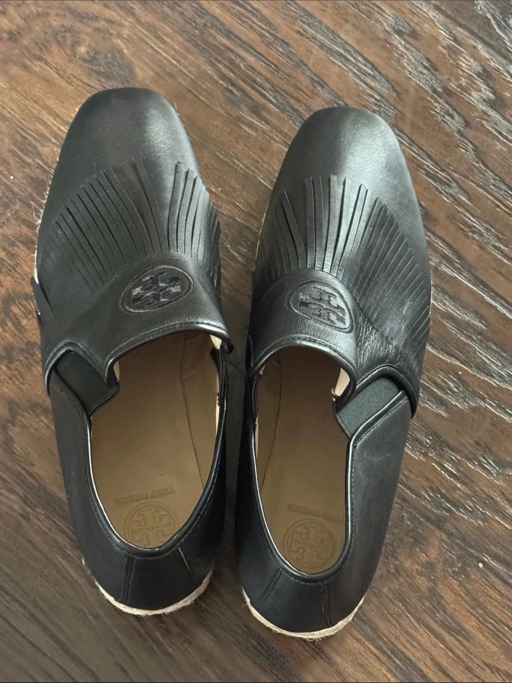 Tory Burch Black Leather Fringe Espadrille Slip-Ons